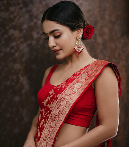 Saniya Iyyapan in red silk saree