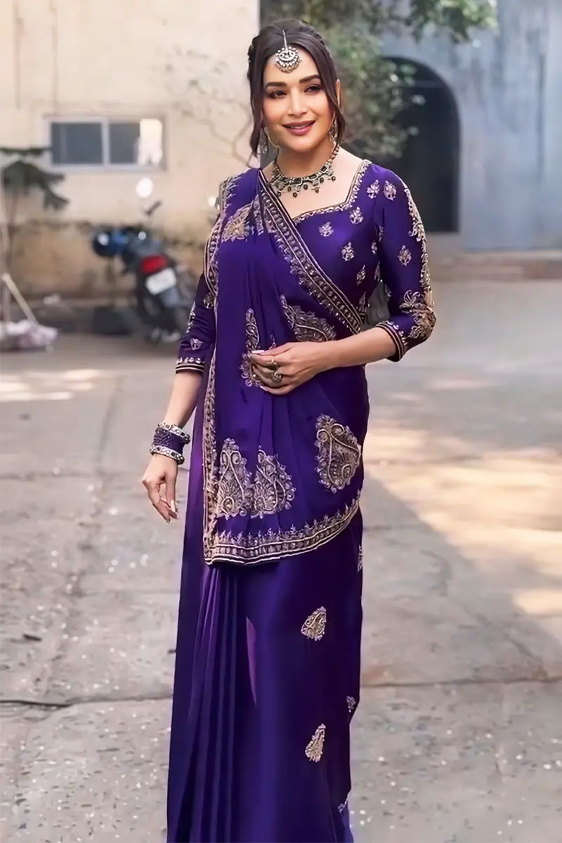 Madhuri Dixit Purple Saree