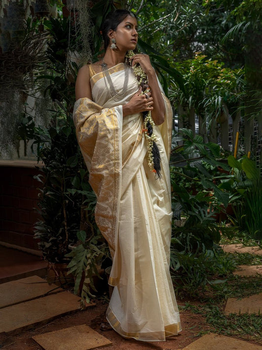 White & gold kasavu saree