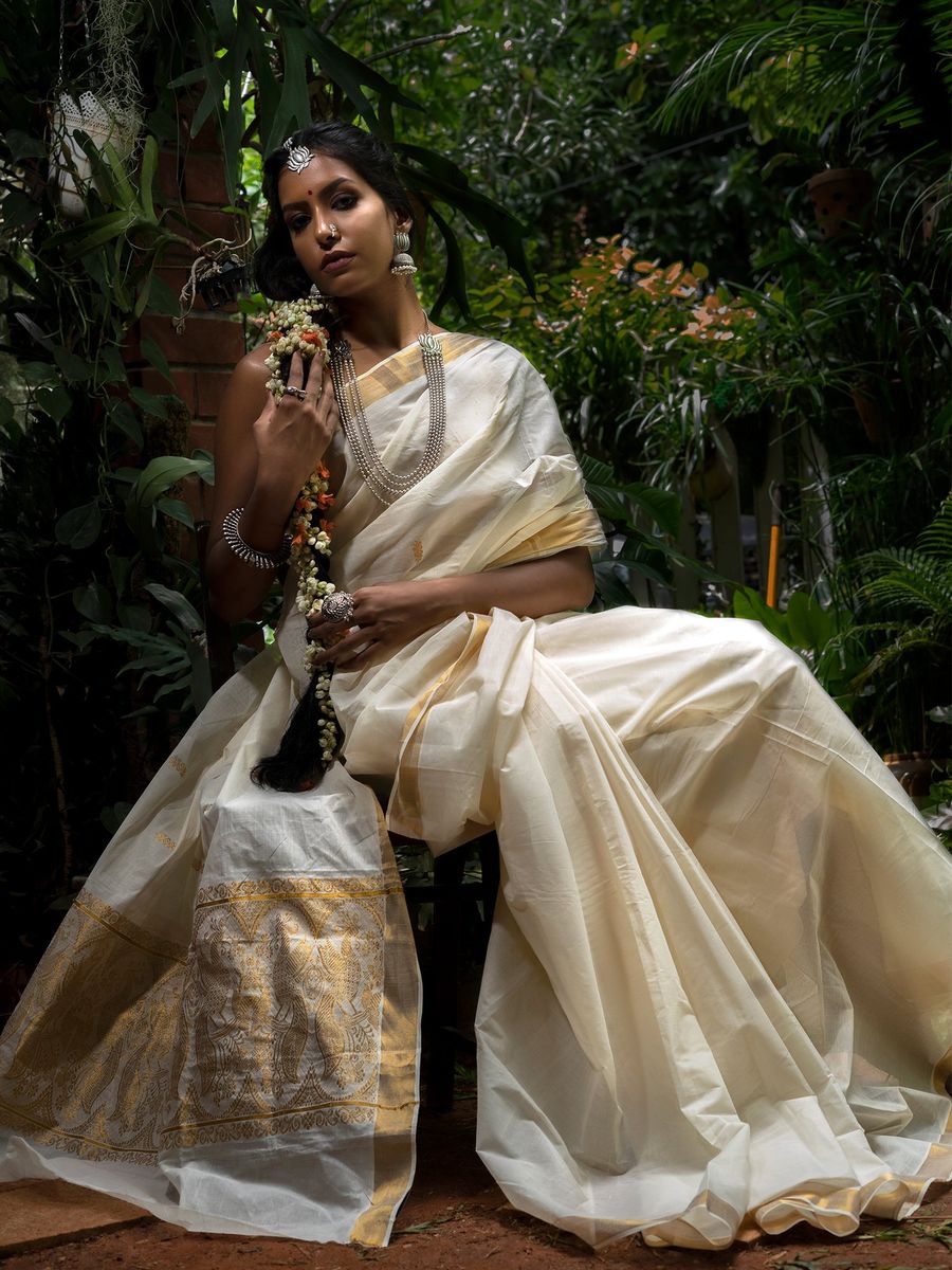 White & gold kasavu saree